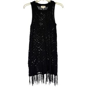 ALLISON NEW YORK Black Crochet Knit Fringe Sleeveless Boho Dress Women S P